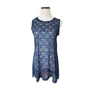 LOGO by Lori Goldstein Floral Stretch Lace Sheer Tunic Top Size M Blue Romantic